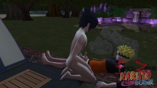 Sasuke punishes naruto for stroking at night in a mission and fucks him. [